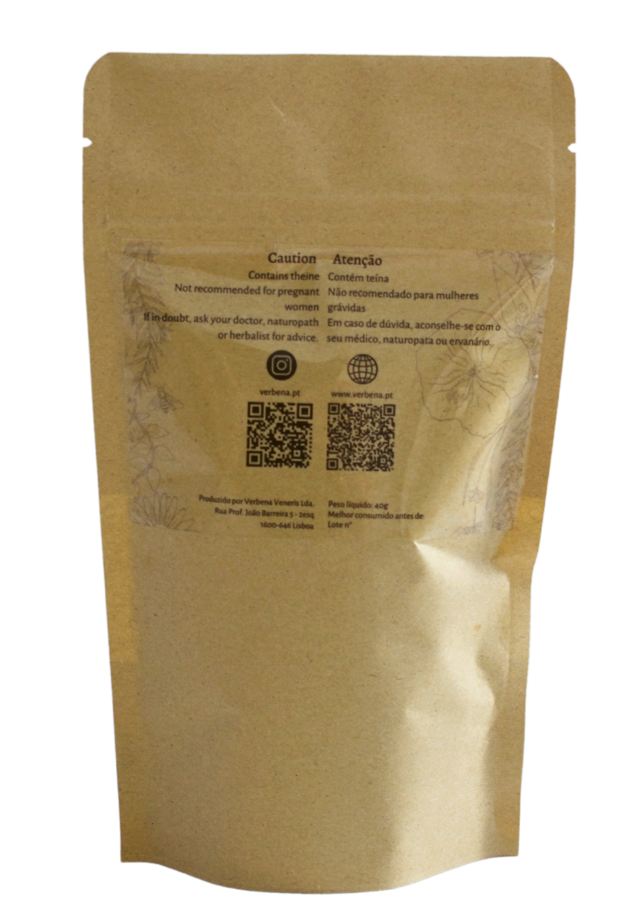 Kraft bag of the tea blend Breathe, showing a transparent label with recommendations and QR to social media