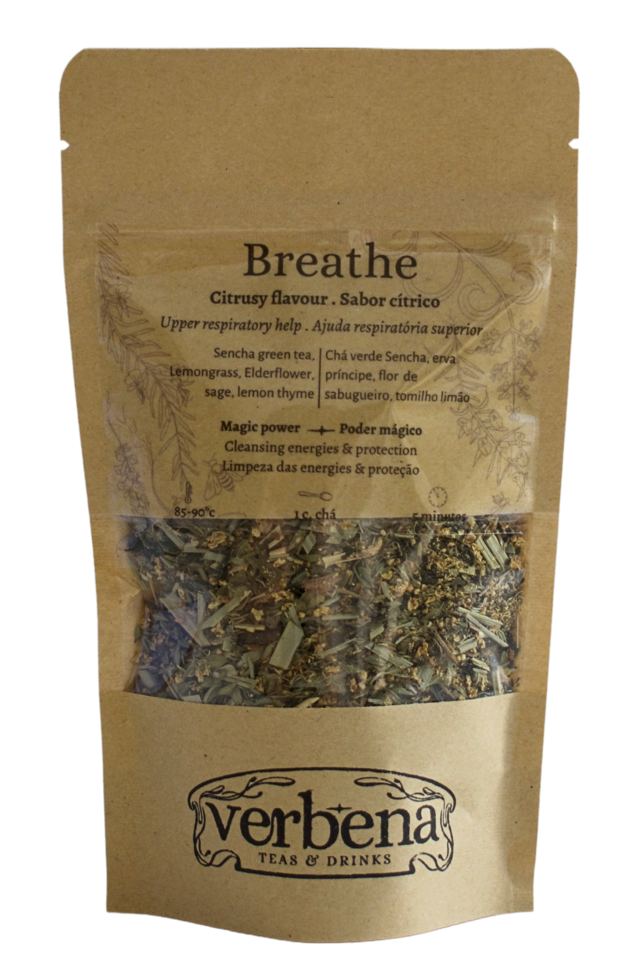 A kraft bag with the tea blend Breathe, showing a transparents label with the name and ingredients of the mix, instructions of preparations. We can also see, the blend in the package and below the logo of Verbena, the company making the tea.