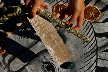 chemist glass tube closed with a cork top tighten with some  ropes. It contains the herbal blend called Mind Tonic. A kraft label tag is attached to it, with all the information regarding the herbs.