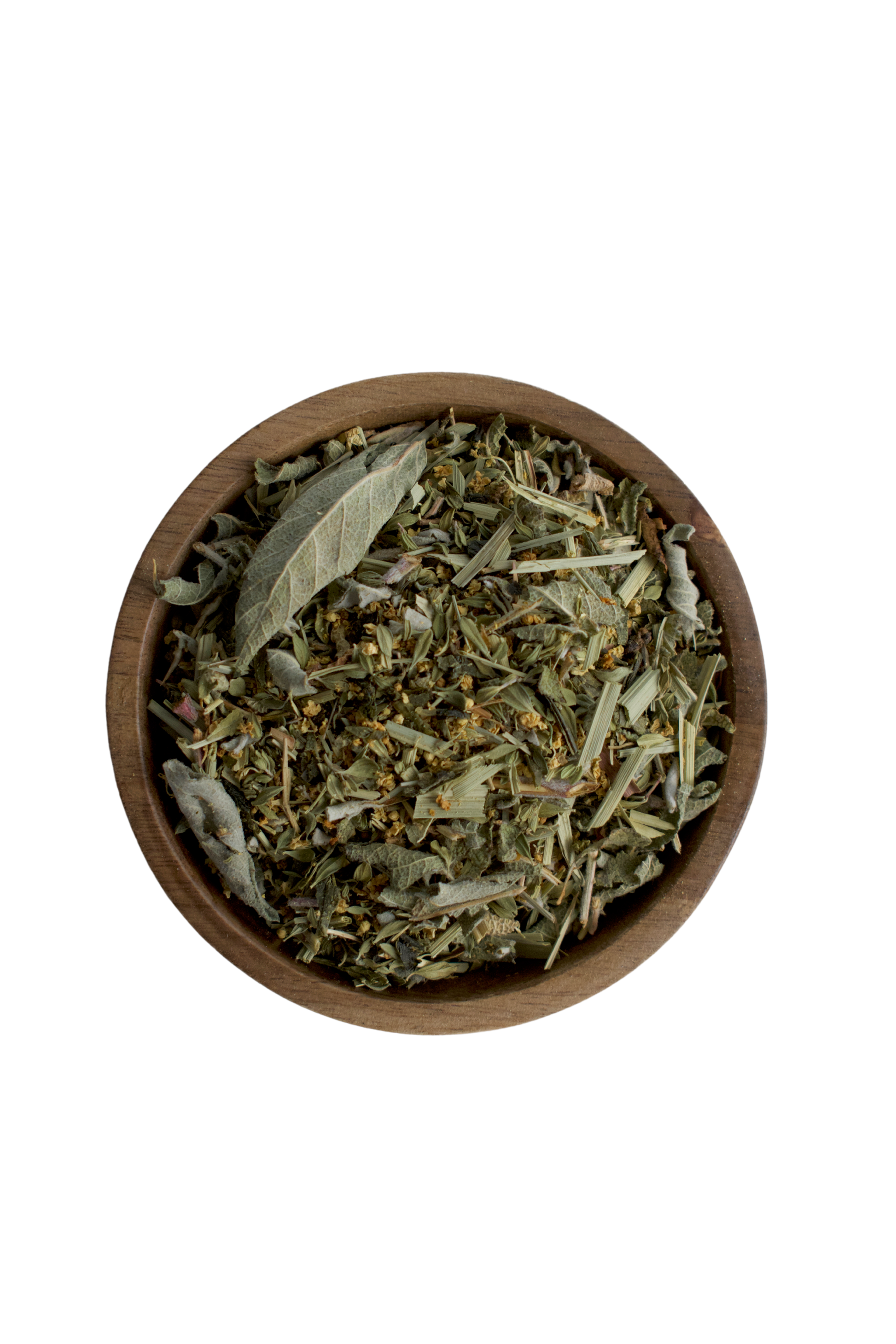 A bowl of the tea blend Breathe, made of sencha green tea, elderflower, sage, lemongrass and lemon thyme.