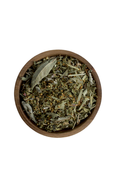 A bowl of the tea blend Breathe, made of sencha green tea, elderflower, sage, lemongrass and lemon thyme.