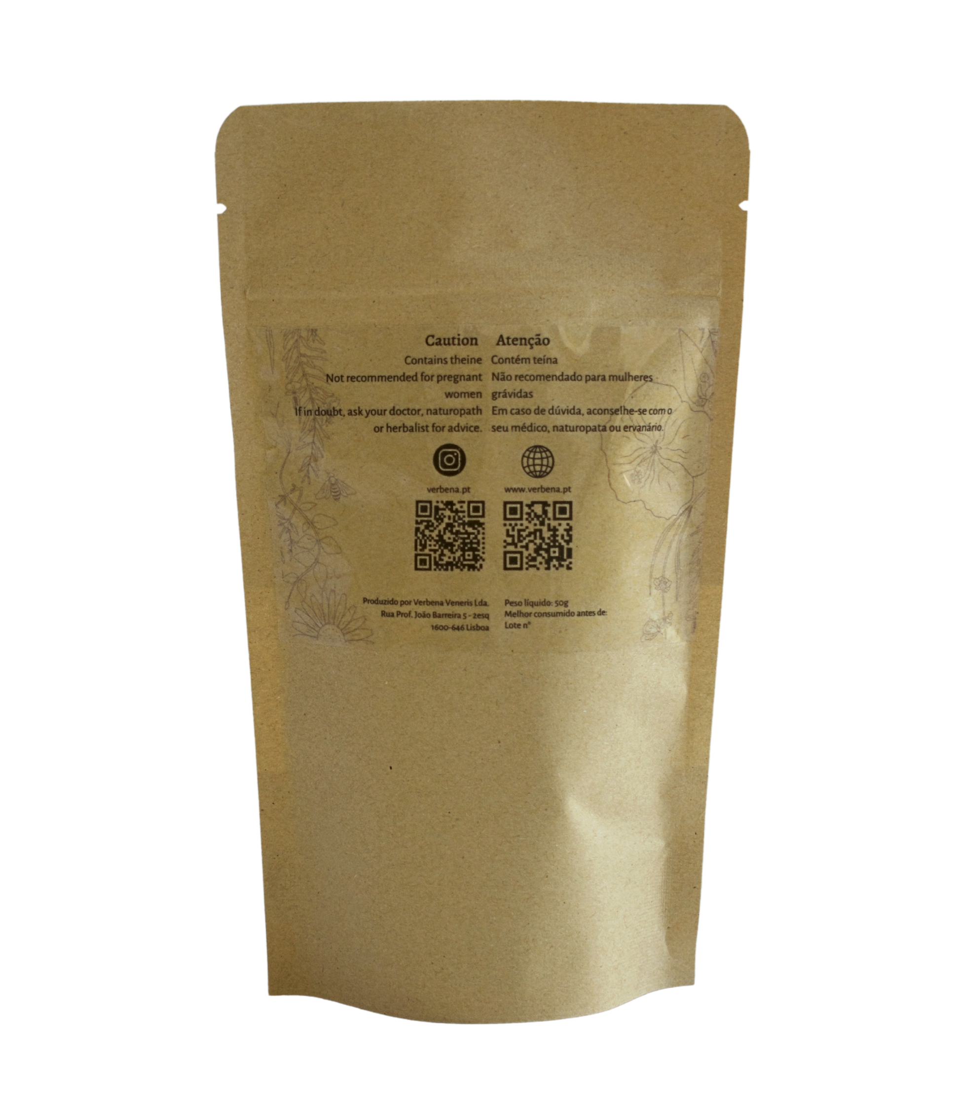 the back side of the kraft bag of the tea blend Three Sisters, showing caution of use and QR codes to social media and websites.