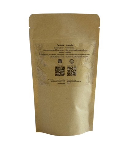 the back side of the kraft bag of the tea blend Three Sisters, showing caution of use and QR codes to social media and websites.